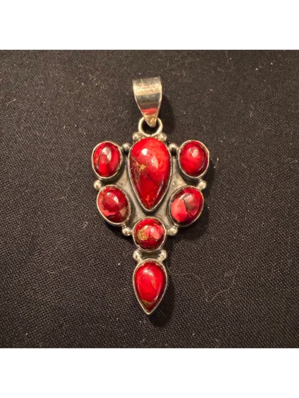 Sterling Silver 925 Red Coral Bezel Set Cluster Pendant Size 2" Length